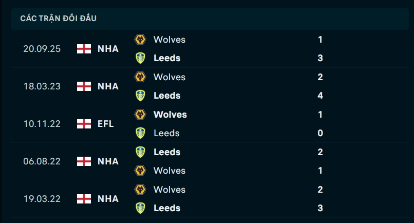 Thành tích đối đầu Leeds vs Wolves